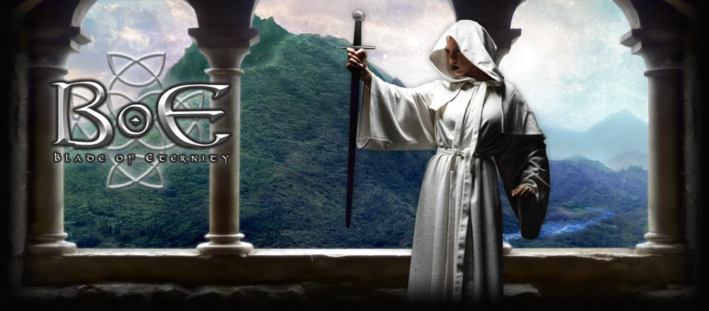 Hooded figure with sword overlooking a mountain kingdom